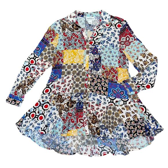 Tunic Boho Blouse Elephants Patchwork Flounce Hem - Picture 3 of 8